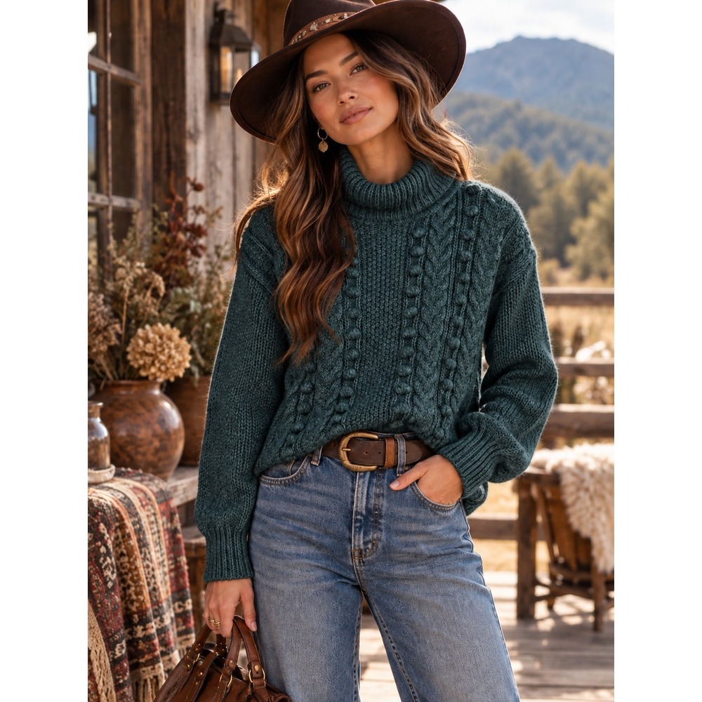 Talbots Petites Green Cable Knit Popcorn Bobble Turtleneck Wool Blend Sweater MP
